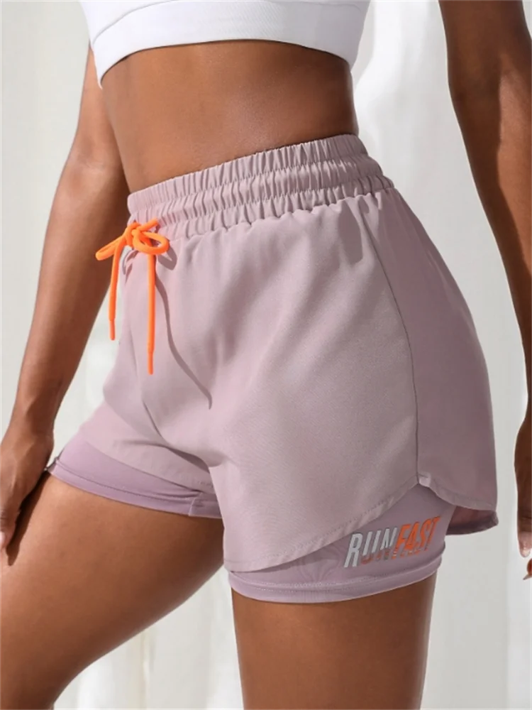 Shorts de ioga femininos de cintura alta com controle de proximidade elástico, shorts de corrida, calças falsas de duas peças