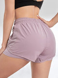 Shorts esportivos elásticos femininos, shorts com bolsos, leggings de ioga de duas peças falsas para corrida e treinamento