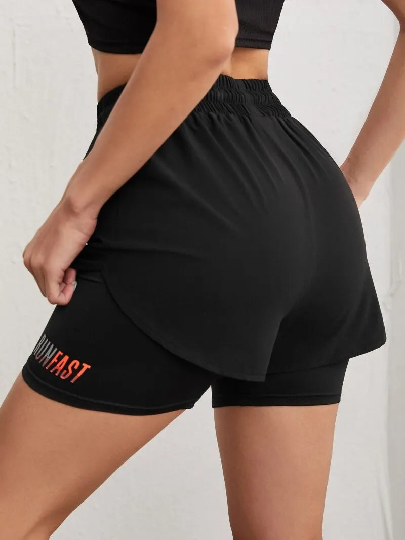 Shorts de ioga femininos de cintura alta com controle de proximidade elástico, shorts de corrida, calças falsas de duas peças