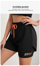 Shorts de ioga femininos de cintura alta com controle de proximidade elástico, shorts de corrida, calças falsas de duas peças