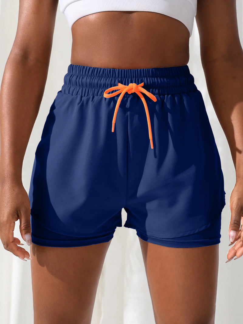 Shorts de ioga femininos de cintura alta com controle de proximidade elástico, shorts de corrida, calças falsas de duas peças