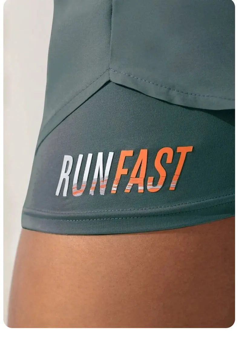 Shorts de ioga femininos de cintura alta com controle de proximidade elástico, shorts de corrida, calças falsas de duas peças