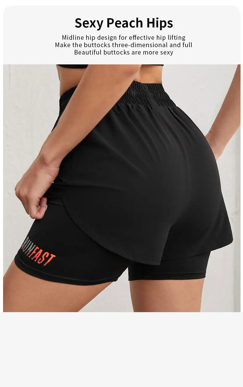 Shorts de ioga femininos de cintura alta com controle de proximidade elástico, shorts de corrida, calças falsas de duas peças