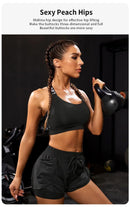 Shorts esportivos elásticos femininos, shorts com bolsos, leggings de ioga de duas peças falsas para corrida e treinamento