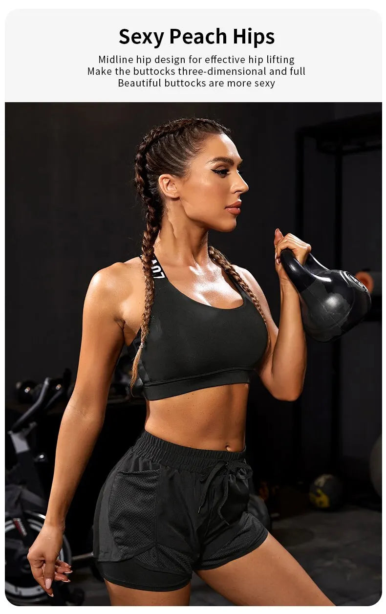 Shorts esportivos elásticos femininos, shorts com bolsos, leggings de ioga de duas peças falsas para corrida e treinamento