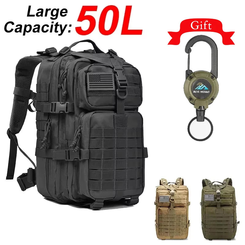 Mochila tática masculina de grande capacidade 50L, 3P, com costas macias, à prova d'água, para atividades ao ar livre, caminhadas, acampamentos e caça