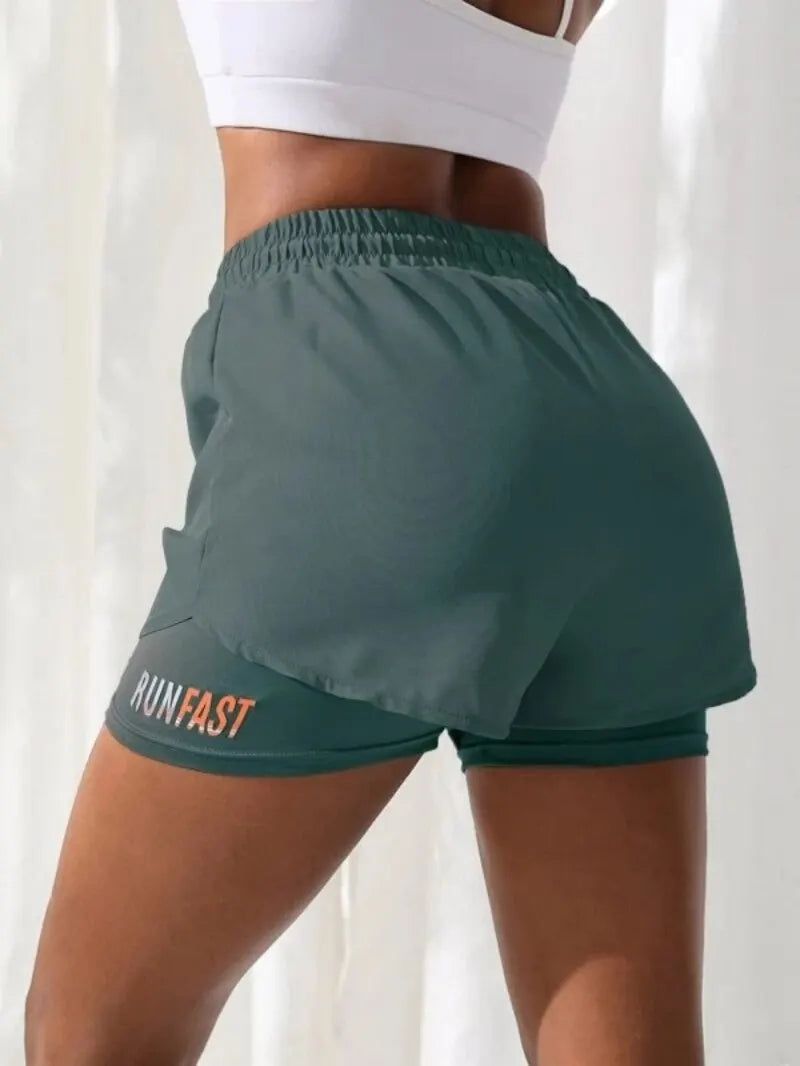 Shorts de ioga femininos de cintura alta com controle de proximidade elástico, shorts de corrida, calças falsas de duas peças