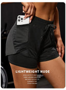 Shorts esportivos elásticos femininos, shorts com bolsos, leggings de ioga de duas peças falsas para corrida e treinamento