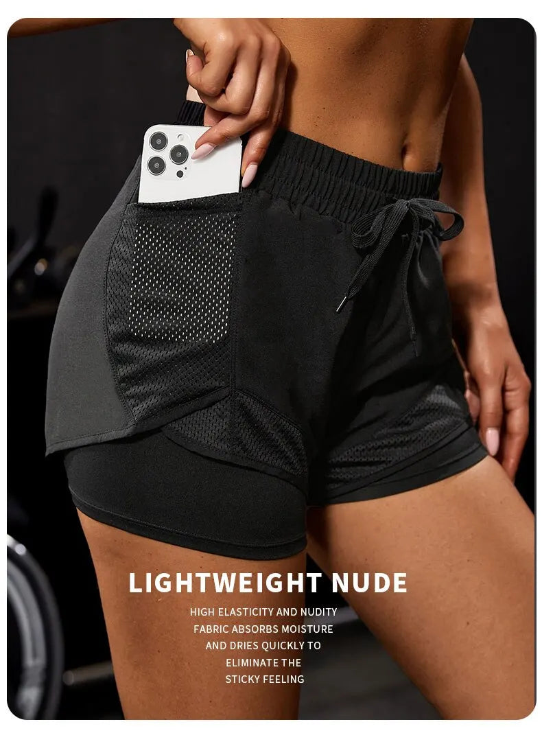 Shorts esportivos elásticos femininos, shorts com bolsos, leggings de ioga de duas peças falsas para corrida e treinamento