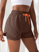 Shorts de ioga femininos de cintura alta com controle de proximidade elástico, shorts de corrida, calças falsas de duas peças