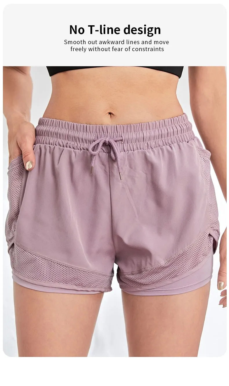 Shorts esportivos elásticos femininos, shorts com bolsos, leggings de ioga de duas peças falsas para corrida e treinamento
