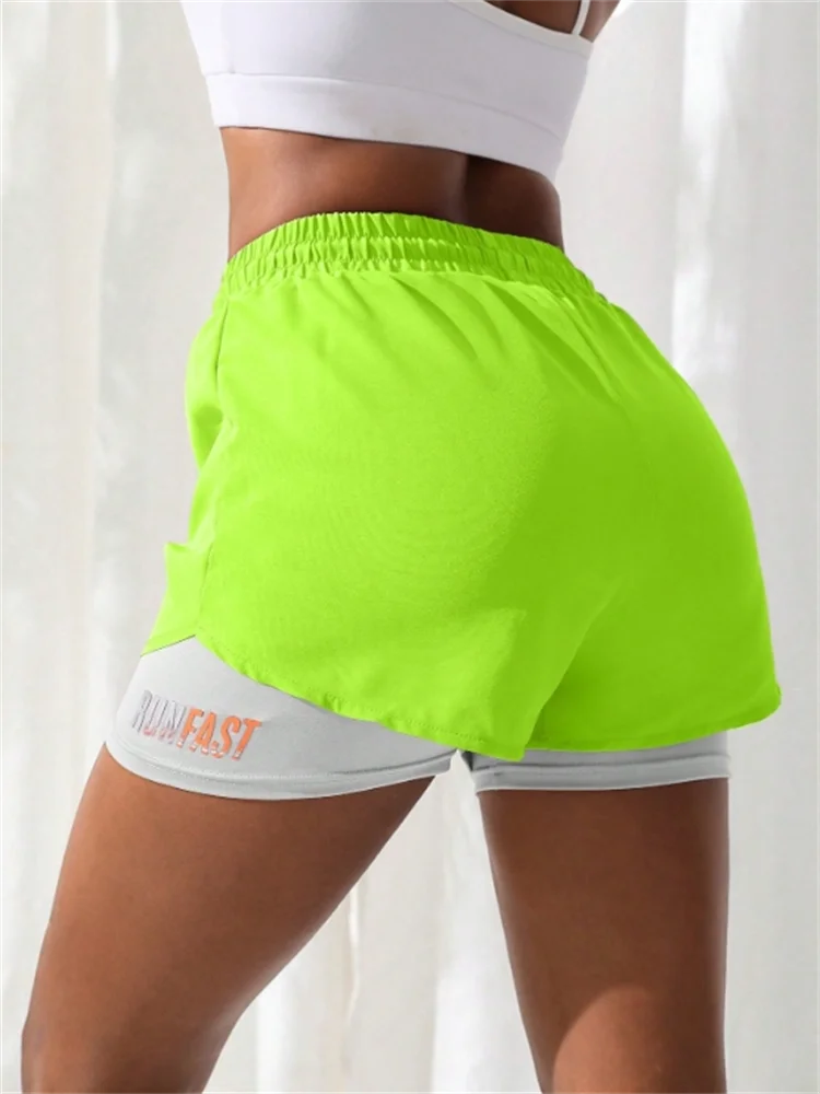 Shorts de ioga femininos de cintura alta com controle de proximidade elástico, shorts de corrida, calças falsas de duas peças