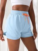 Shorts de ioga femininos de cintura alta com controle de proximidade elástico, shorts de corrida, calças falsas de duas peças