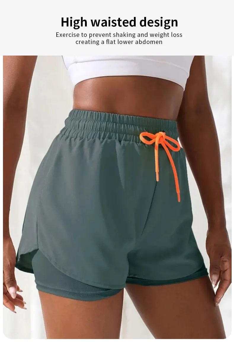 Shorts de ioga femininos de cintura alta com controle de proximidade elástico, shorts de corrida, calças falsas de duas peças