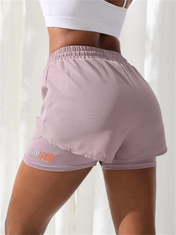 Shorts de ioga femininos de cintura alta com controle de proximidade elástico, shorts de corrida, calças falsas de duas peças
