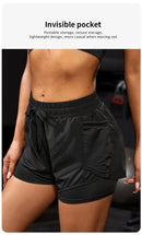 Shorts esportivos elásticos femininos, shorts com bolsos, leggings de ioga de duas peças falsas para corrida e treinamento