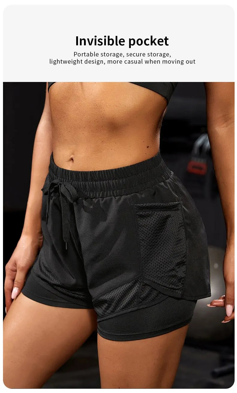 Shorts esportivos elásticos femininos, shorts com bolsos, leggings de ioga de duas peças falsas para corrida e treinamento